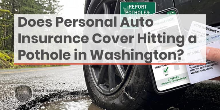 Close-up of a car tire with a smartphone displaying an insurance report and a pothole in Washington state.