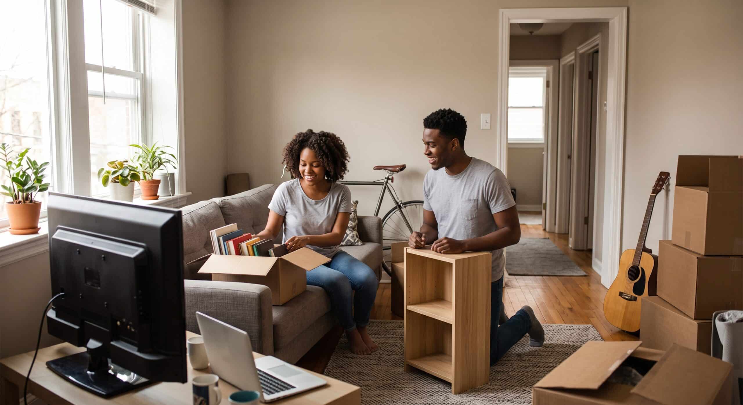 Young couple unpacking boxes in their new apartment, preparing for a move with a laptop, books, and a guitar nearby.