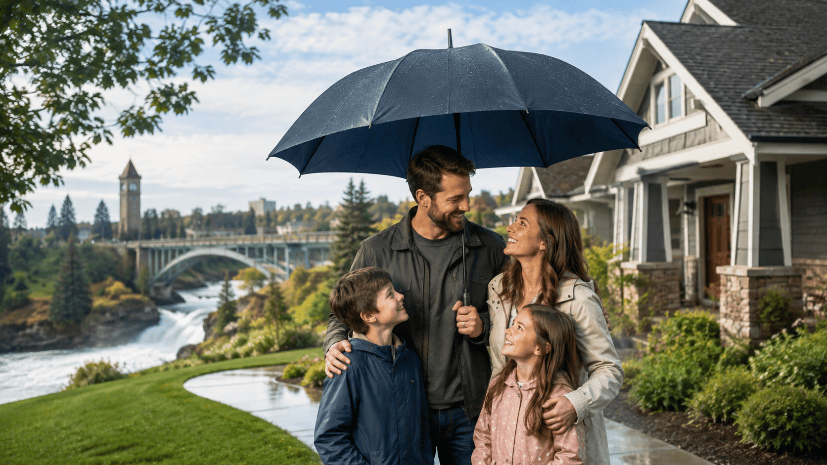 Happy family standing outside their home on a rainy day, holding an umbrella, with a scenic river and bridge in the background, emphasizing home and family protection.